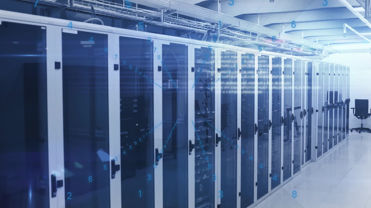 Data processing animation over rows of servers in modern data center