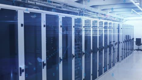 data processing animation over rows of servers in modern data center