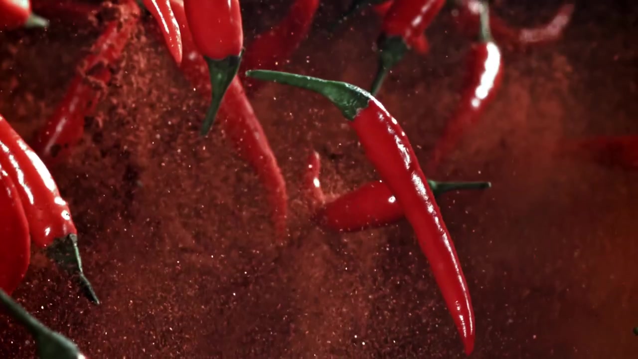 Peperoncini rossi che cadono in una nuvola di polvere di peperoncino al rallentatore