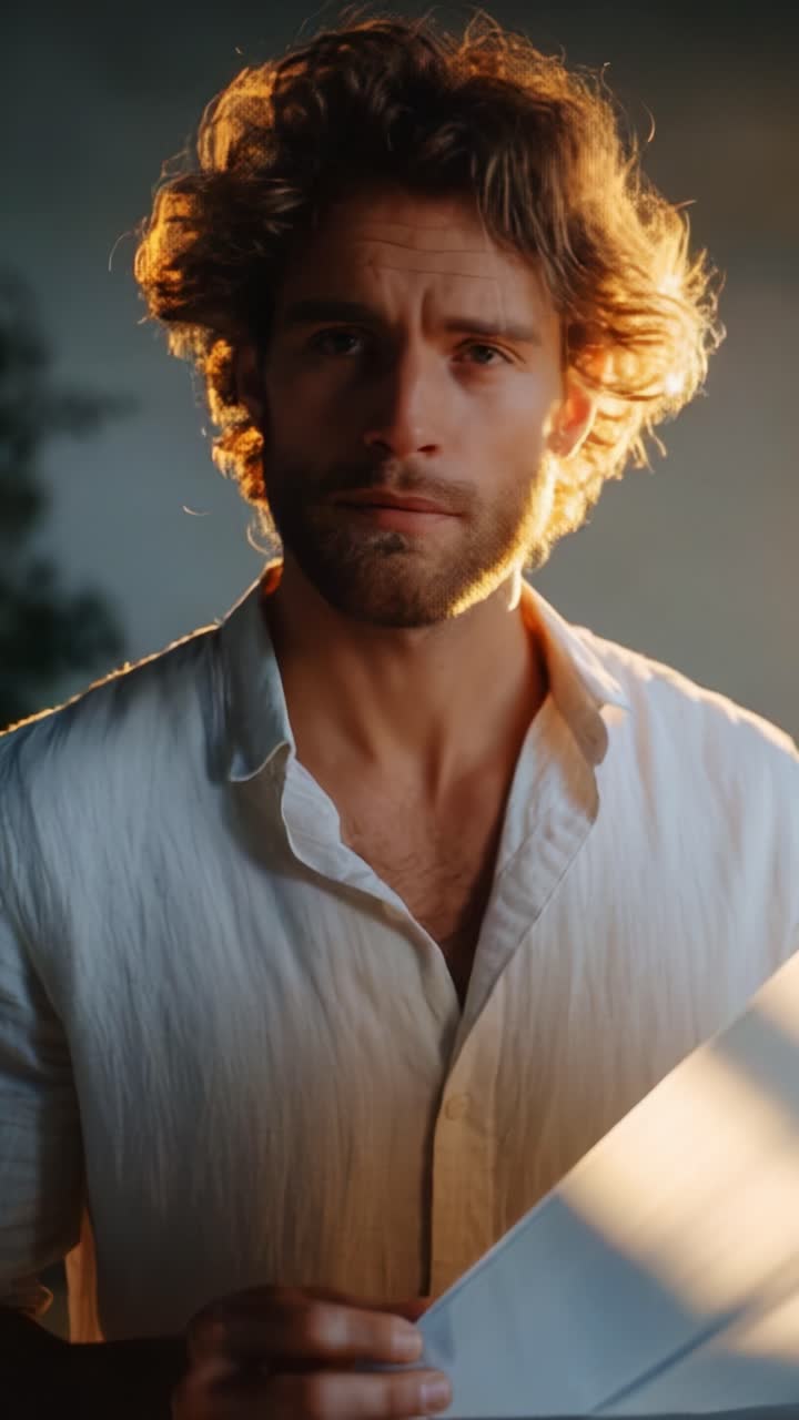 Un uomo riflessivo nella luce soffusa: ritratto accattivante di un individuo pensieroso con capelli ricci e una camicia casual, che evoca emozione e profondità in un ambiente naturale