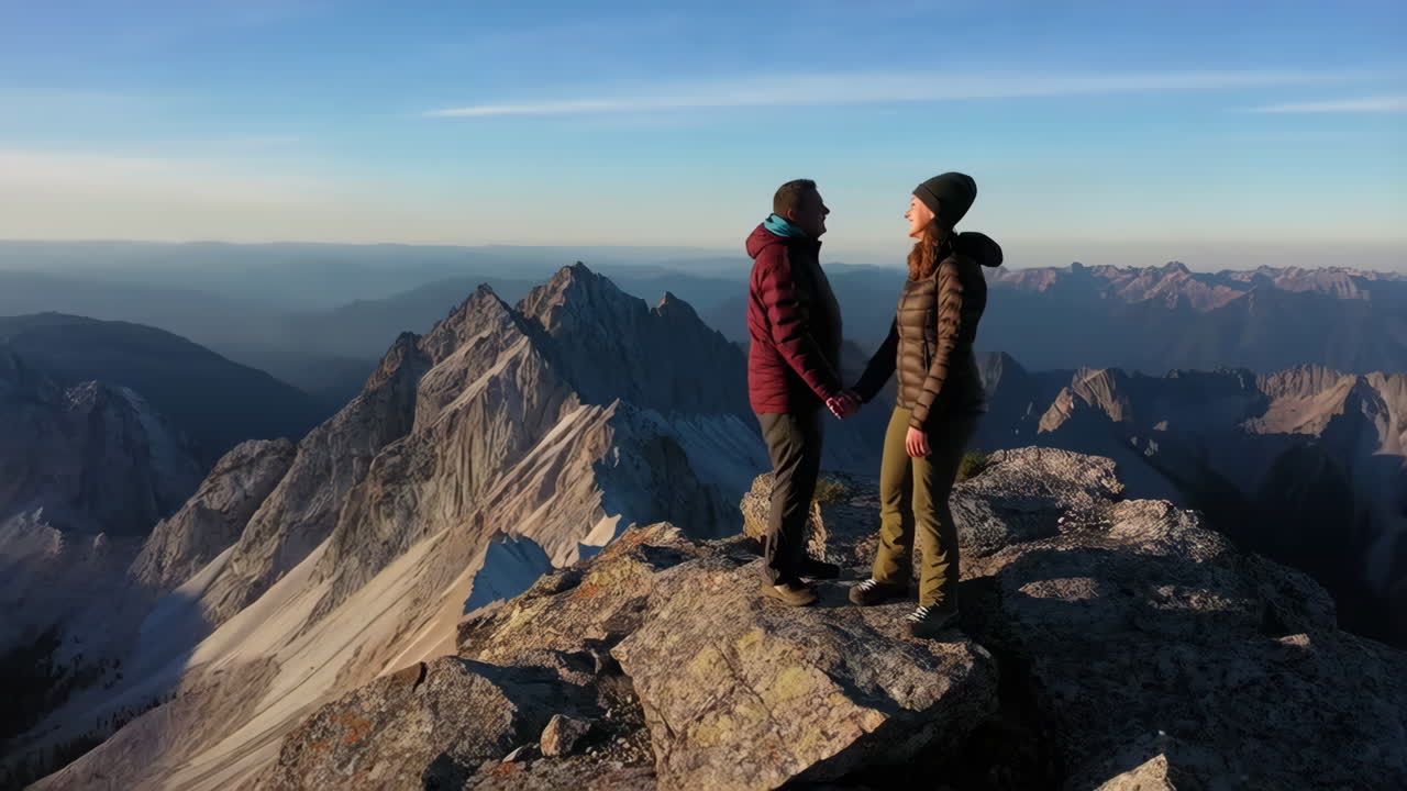 Couple Standing on a Mountain Peak with Panoramic Views