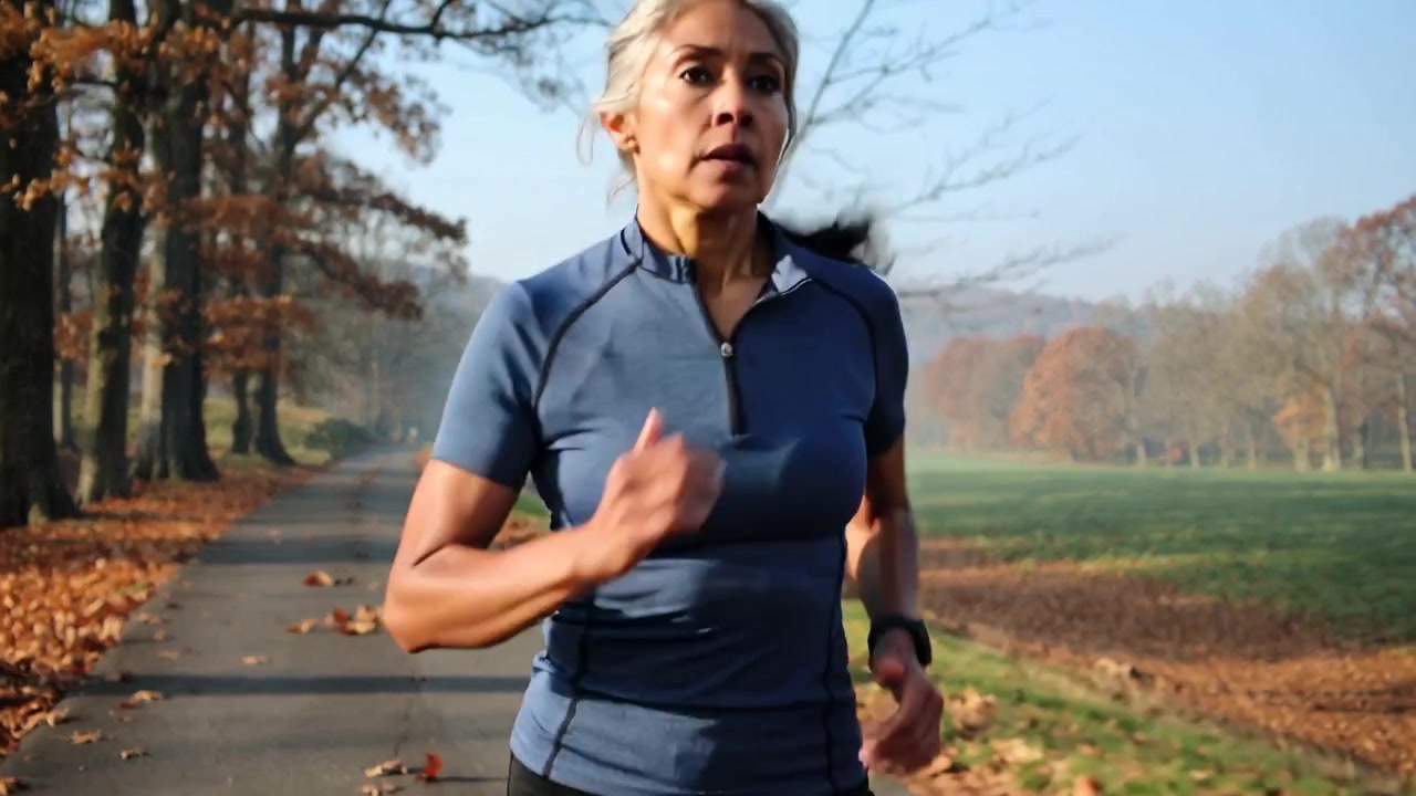 Una donna che corre in un parco, la telecamera si alza rivelando il suo viso, mentre calcia le foglie, indossando un top blu e un orologio.