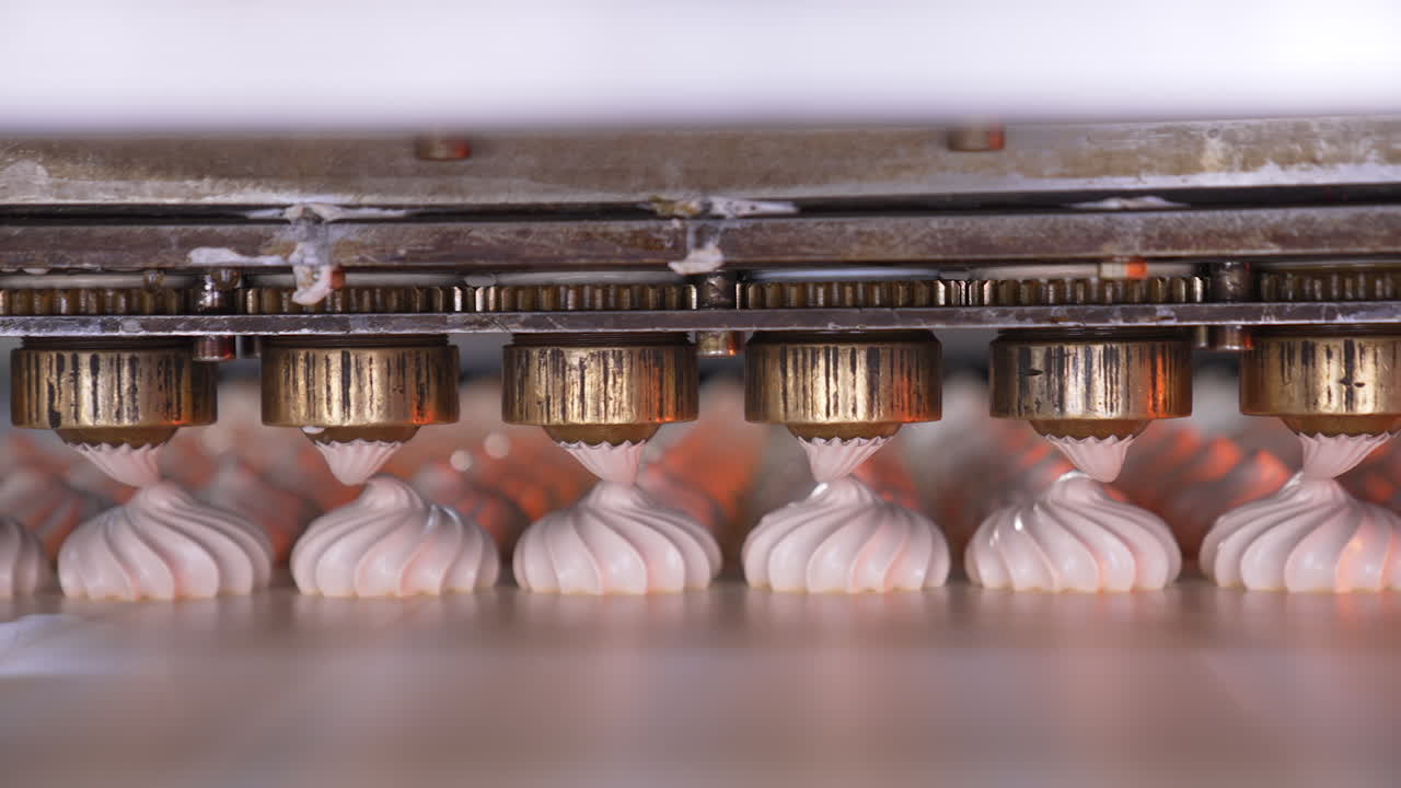 Metal rotating nozzles from automatic machine squeezing cream on conveyor. Vanilla marshmallow producing at factory. Close up.