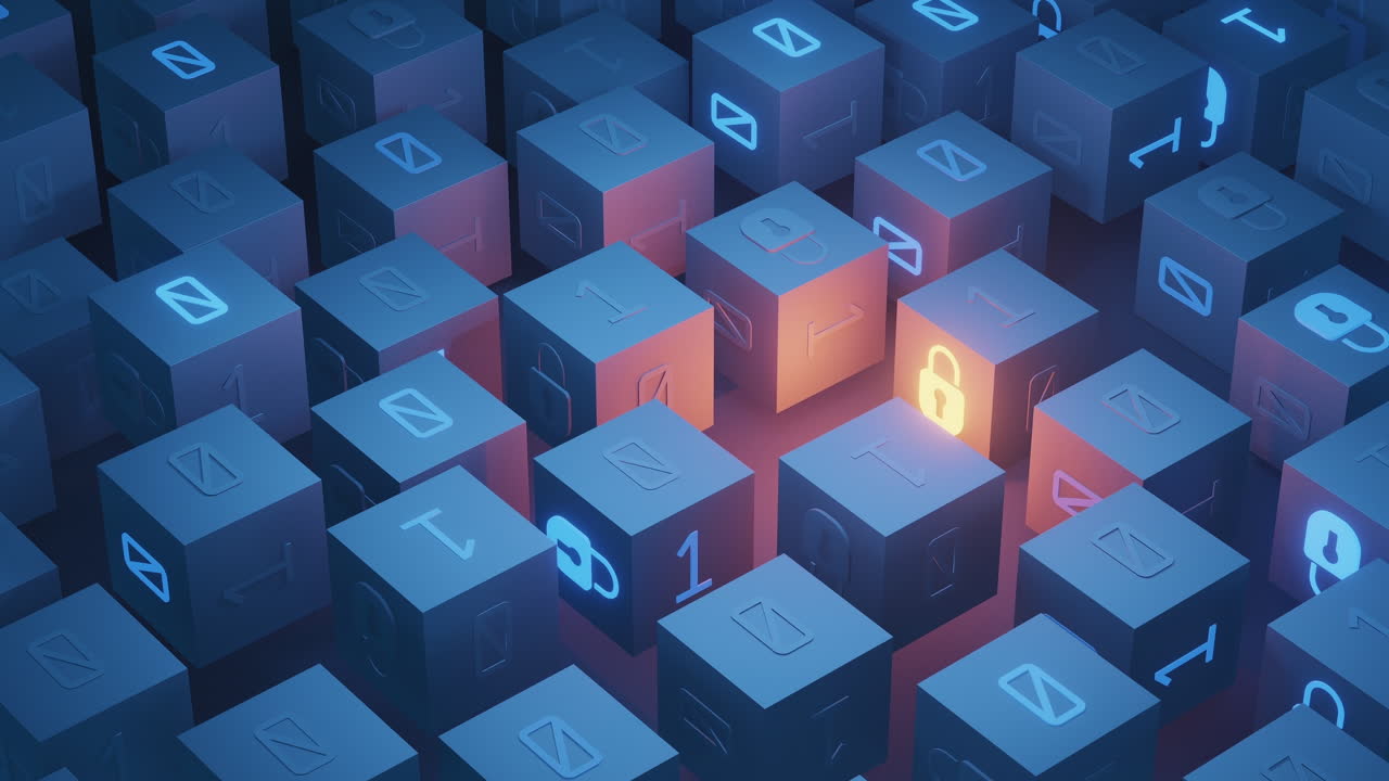 Denne konseptuelle 3D-animasjonen visualiserer intrikate sikkerhetsmekanismer innen blokkjede-teknologi, og viser glødende hengelåssymboler på datablokker, som fremhever databeskyttelse og digital sikkerhet