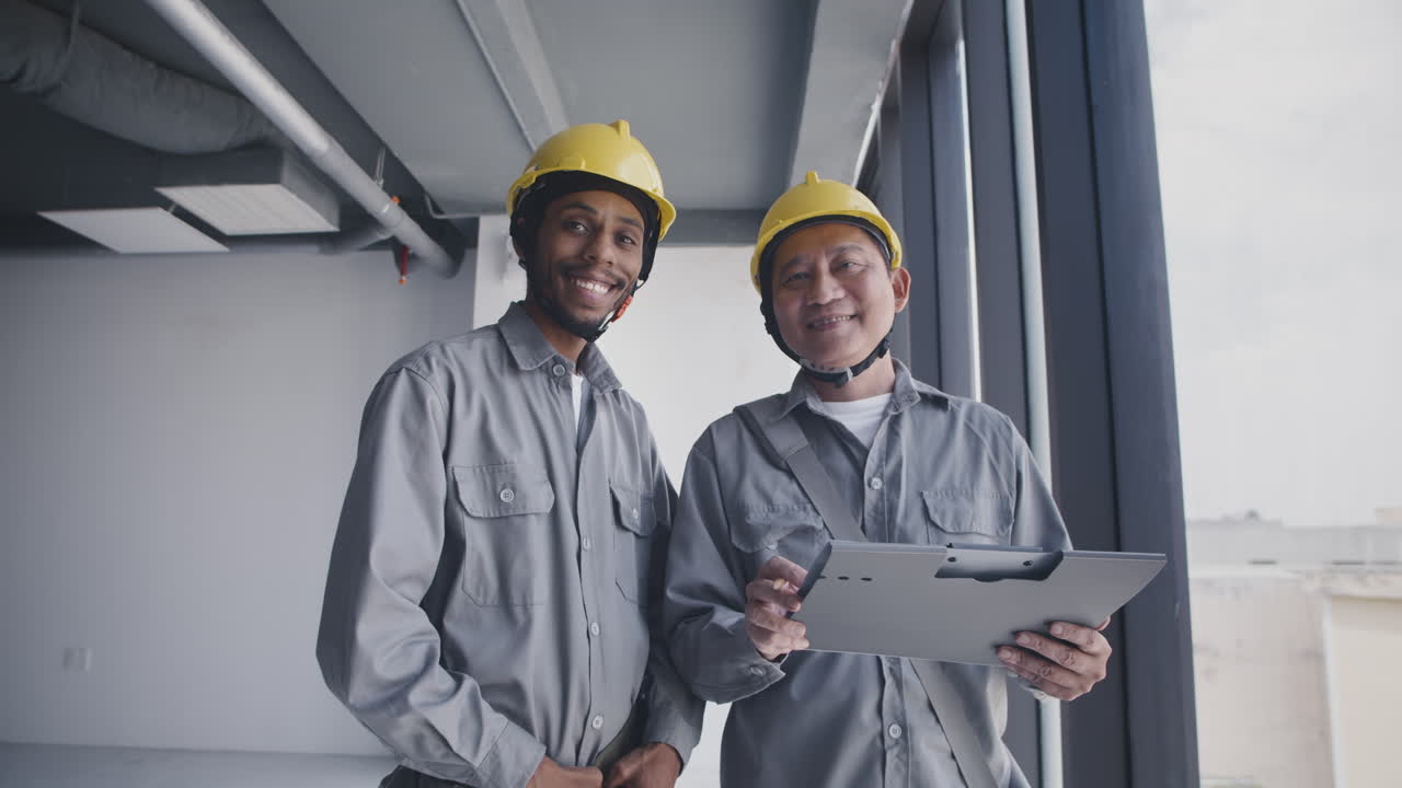 Biracial Specialists in Hardhats Smiling Inside Building under Construction