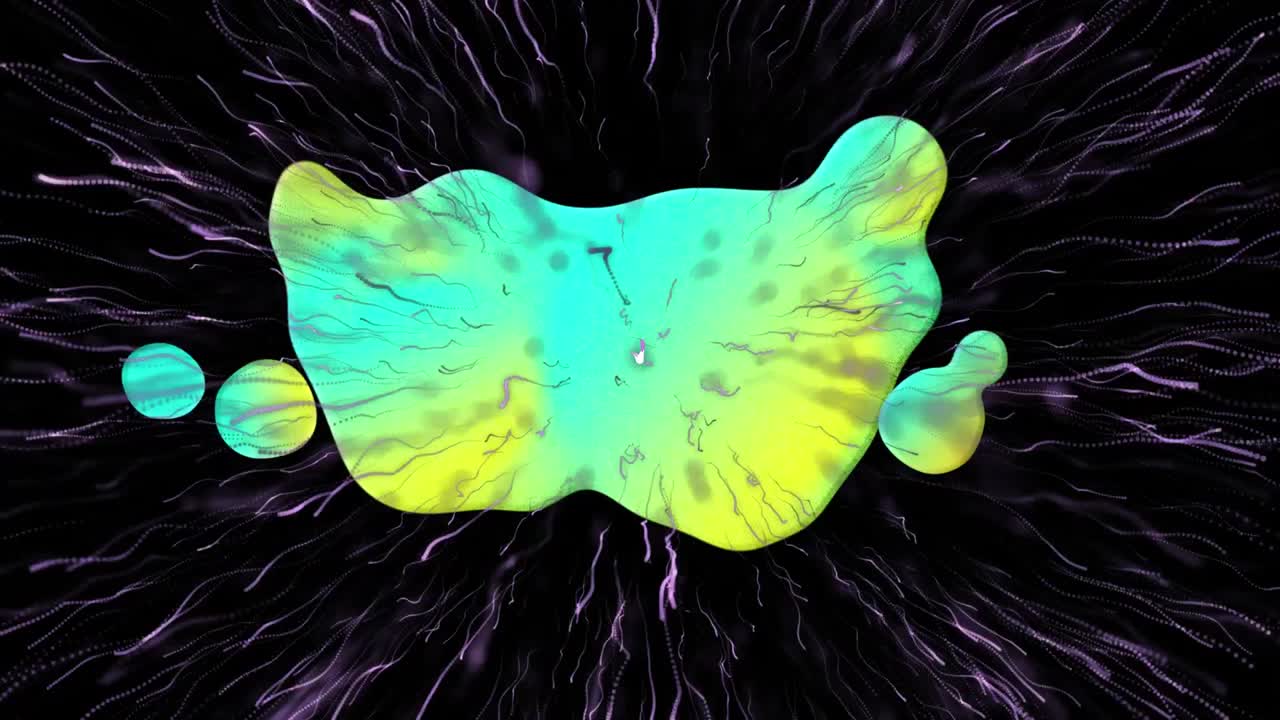 Animation of green and yellow blob moving over pink firework exploding on black background