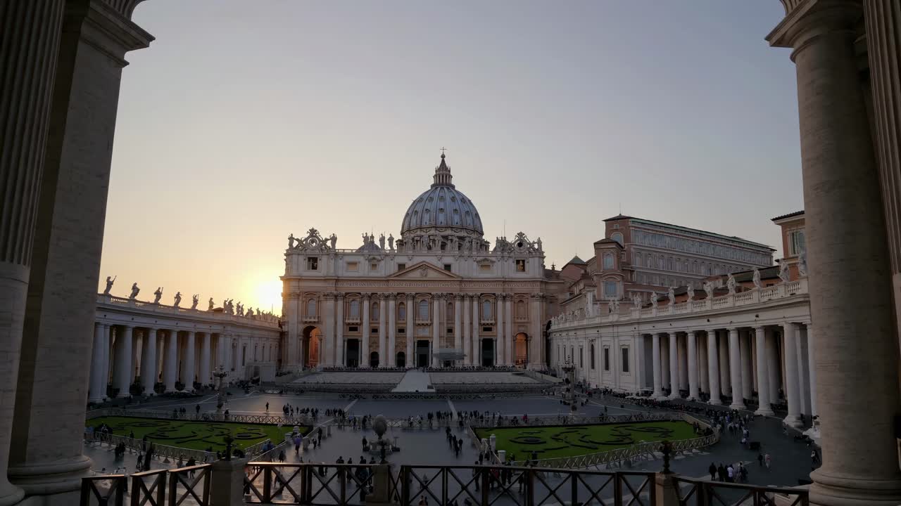 Wide-angle video shot of St. Peter's Basilica at sunset, capturing the grandeur and symmetry