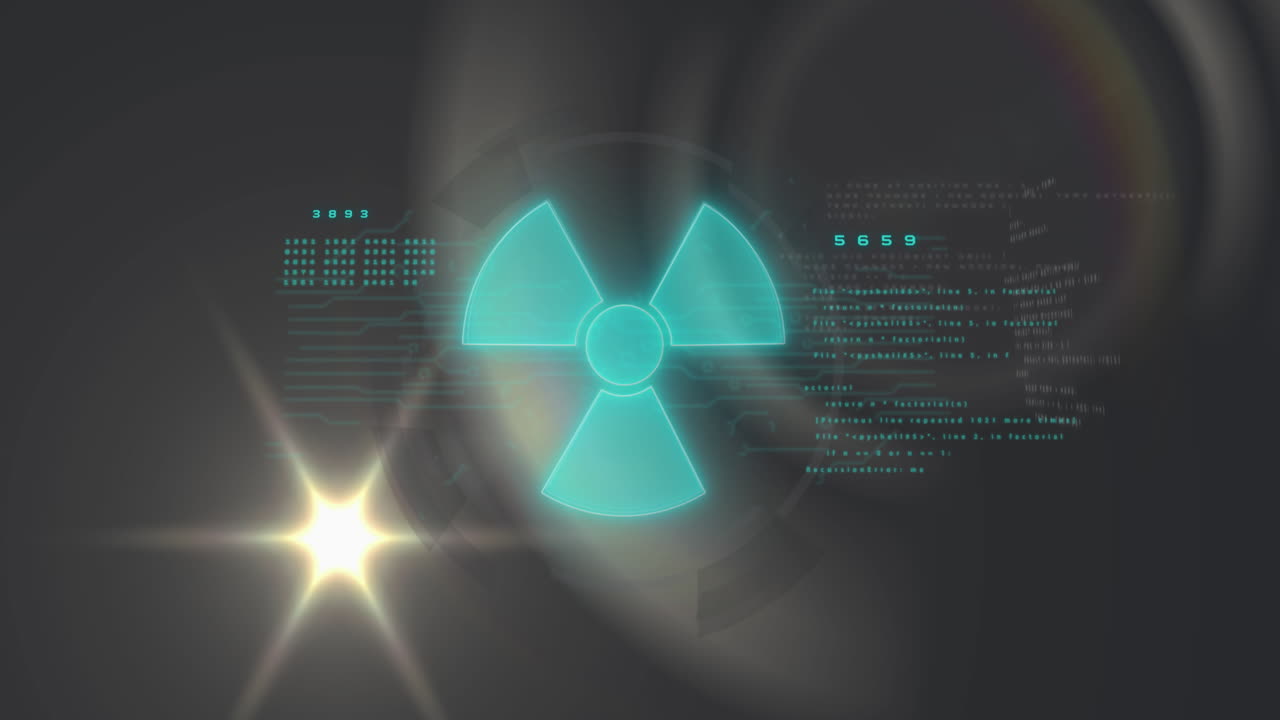 검은색 바탕에 숫자와 컴퓨터 언어로 박이는 파란색 기하학적 모양의 애니메이션