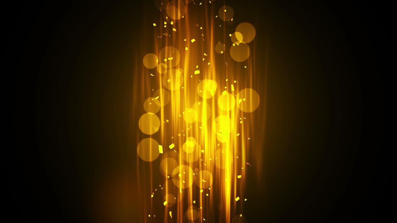반이는 황금색 콩페티, 황금색의 밝은 축제 틴셀, 검은색 배경에 보케 조명, 반이는 파동 디자인, 루프 애니메이션, 텍스트를 복사하는 공간.