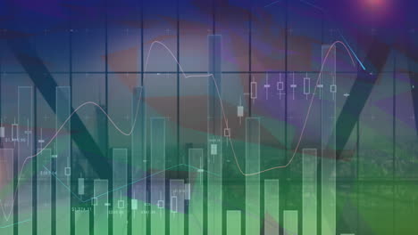animation of financial data processing over cityscape