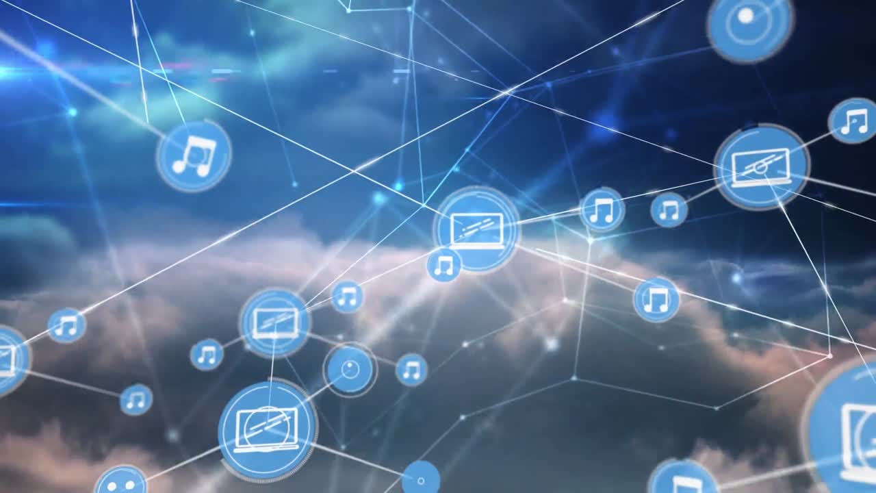 Animation eines Netzwerks von Verbindungen mit Symbolen über einem Himmel mit Wolken