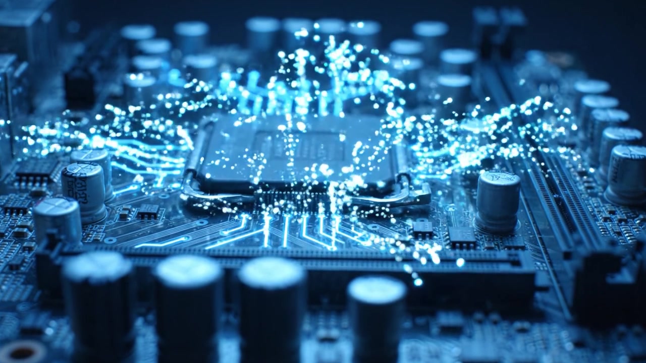 Close-Up of a Computer Motherboard with Enhanced Lighting and Circuit Design, Showcasing the Intricate Details and Components of Modern Technology in a Digital Environment