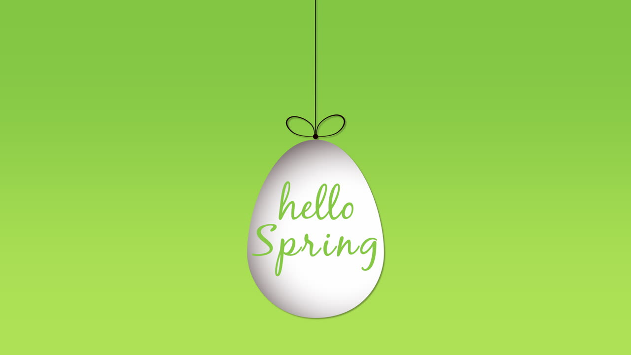 Hello Spring with hanging easter egg on green gradient
