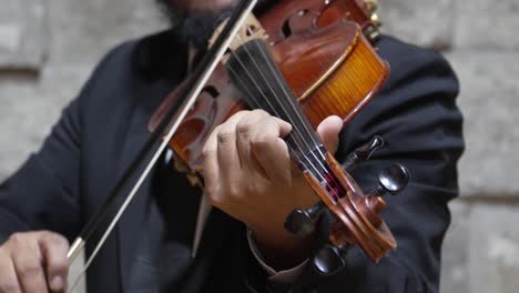 hombre barbudo tocando una viola con cuerdas dobles, primer plano