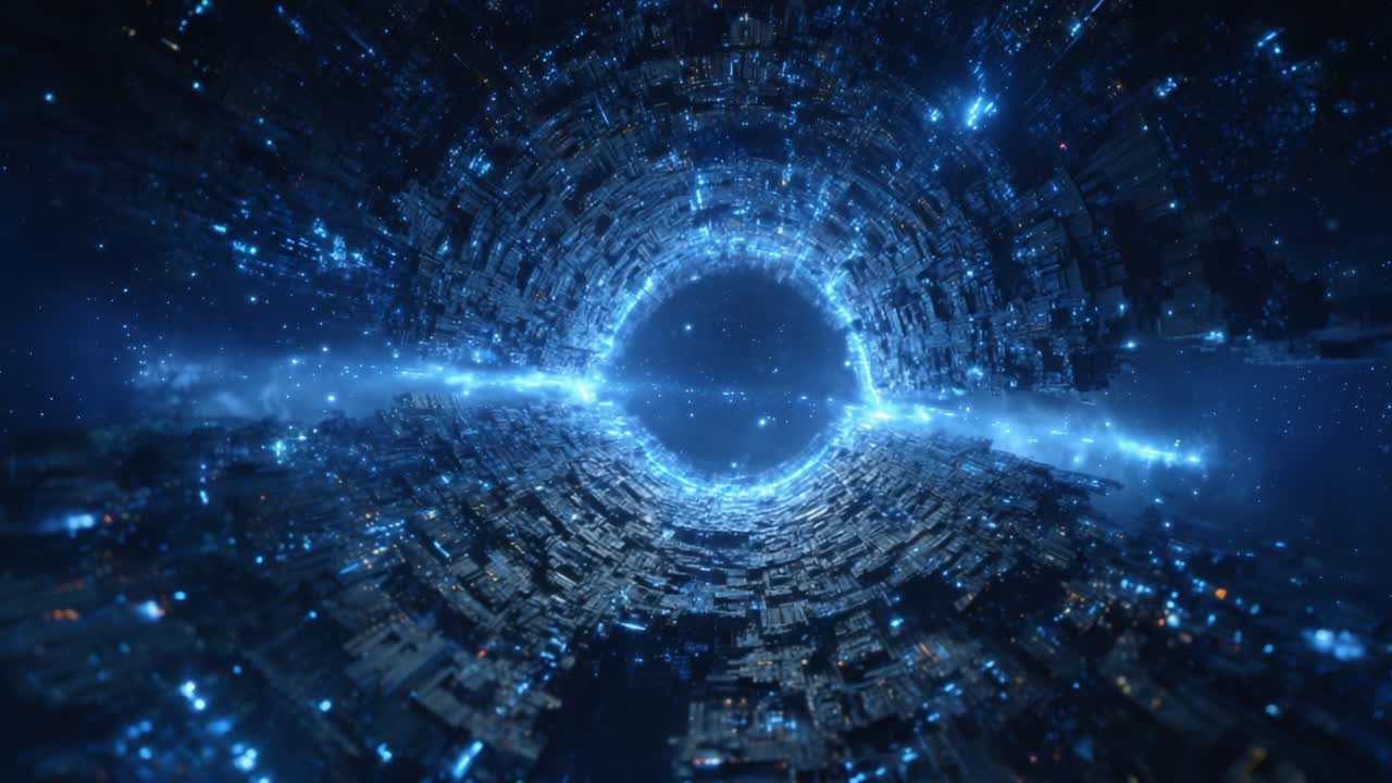 A mesmerizing visual of a cosmic vortex filled with shimmering lights and intricate structures, capturing the awe-inspiring beauty of an expansive digital universe