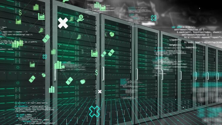 Animation of data processing and media icons over server room