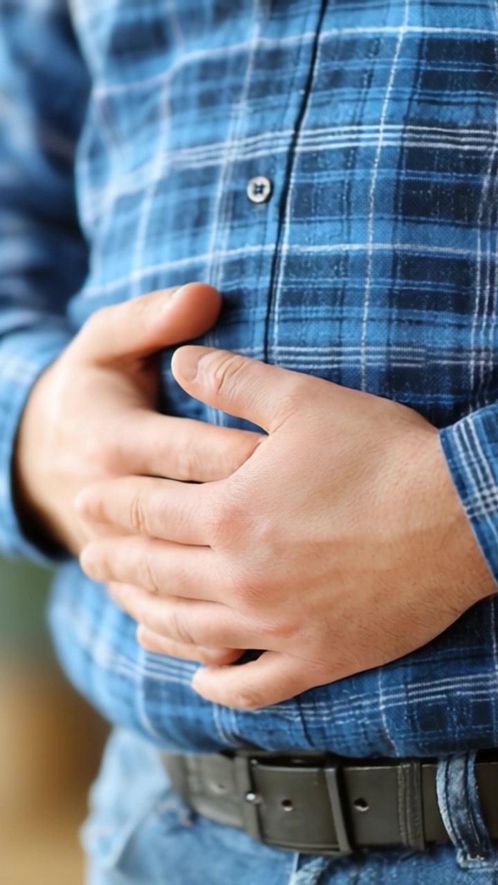 A Close-Up of a Person in a Blue Plaid Shirt Holding Their Abdomen, Indicating Discomfort, Pain or Digestive Issues, Captured in a Natural Indoor Setting