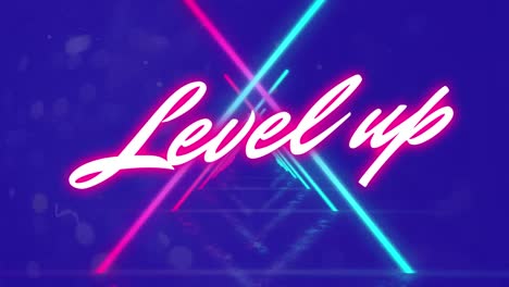 animation of level up text over neon shapes on blue background