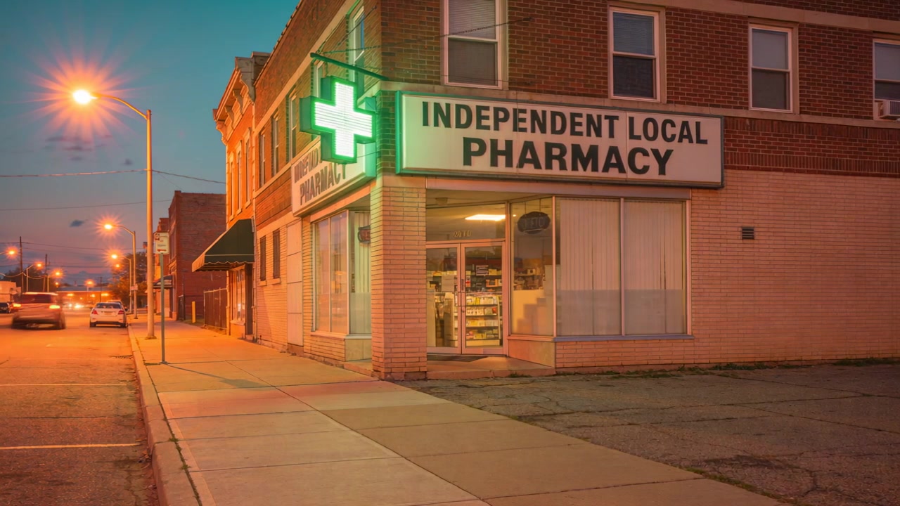 Insegna luminosa a croce verde e facciata della farmacia che si illuminano al crepuscolo, con le luci che si accendono e la porta che si apre