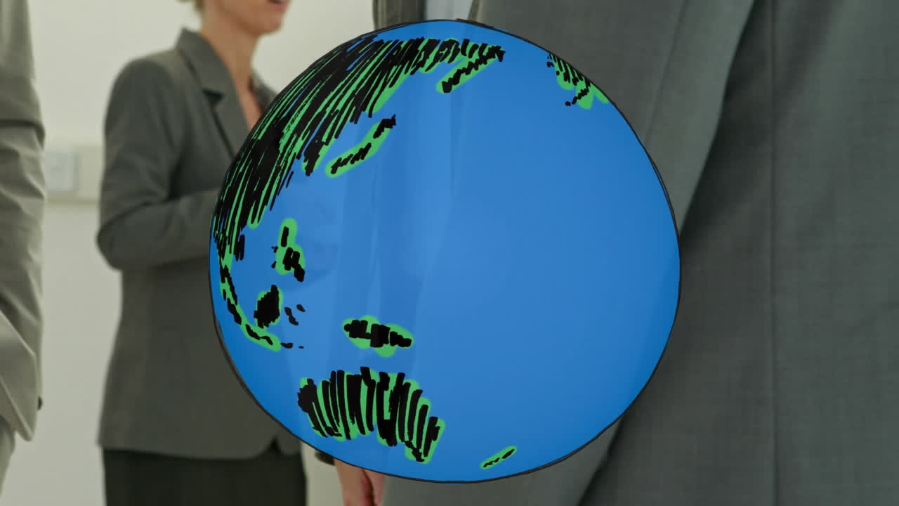 animación del globo sobre el apretón de manos del hombre de negocios