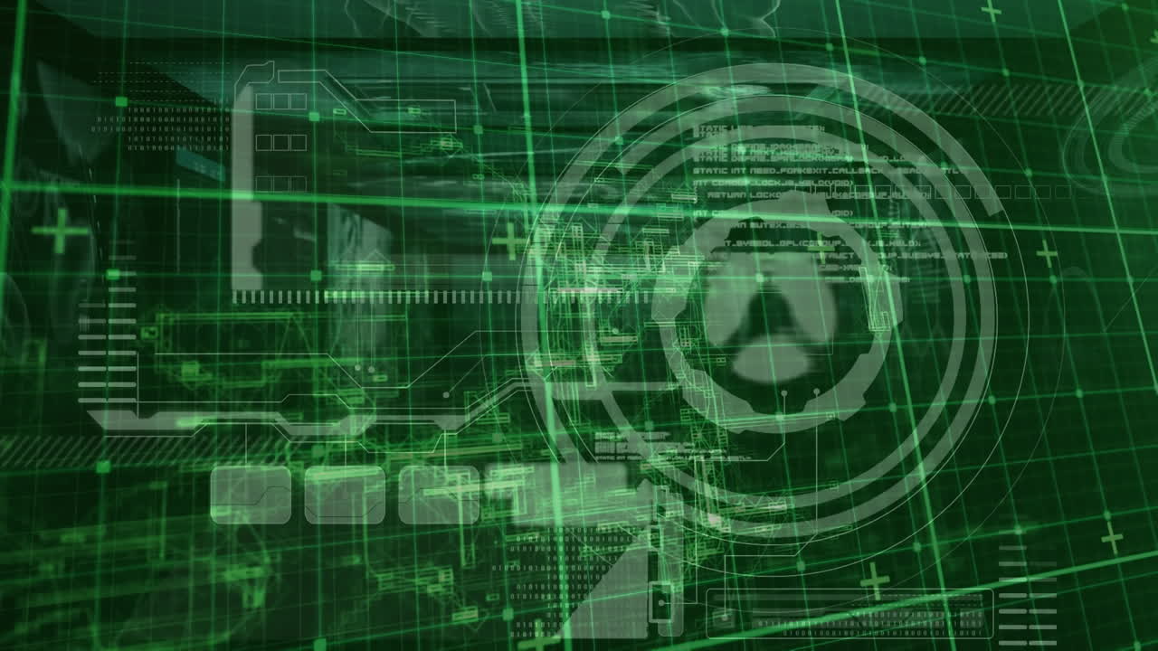 Animation of green grid over circular scanner and processing green data, on green background