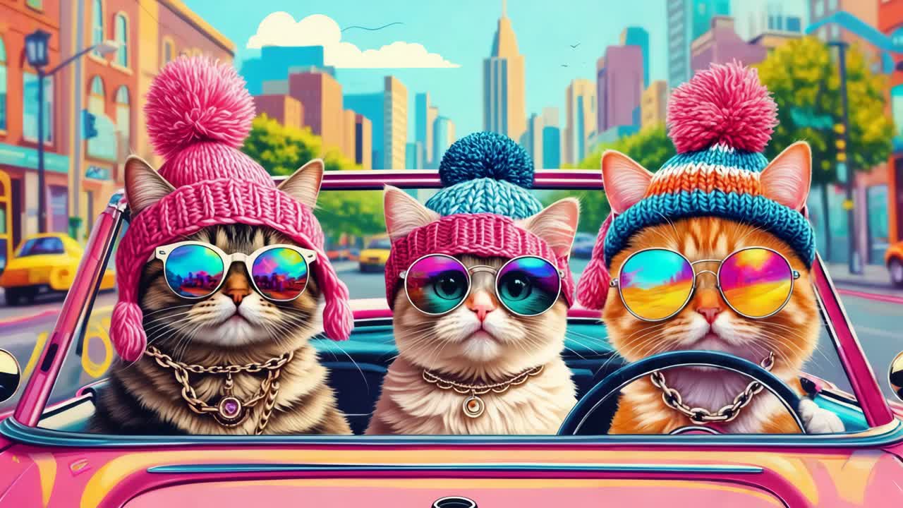 gatos elegantes en un descapotable conduciendo por la ciudad