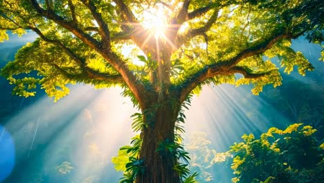 a large tree in the middle of a lush green forest