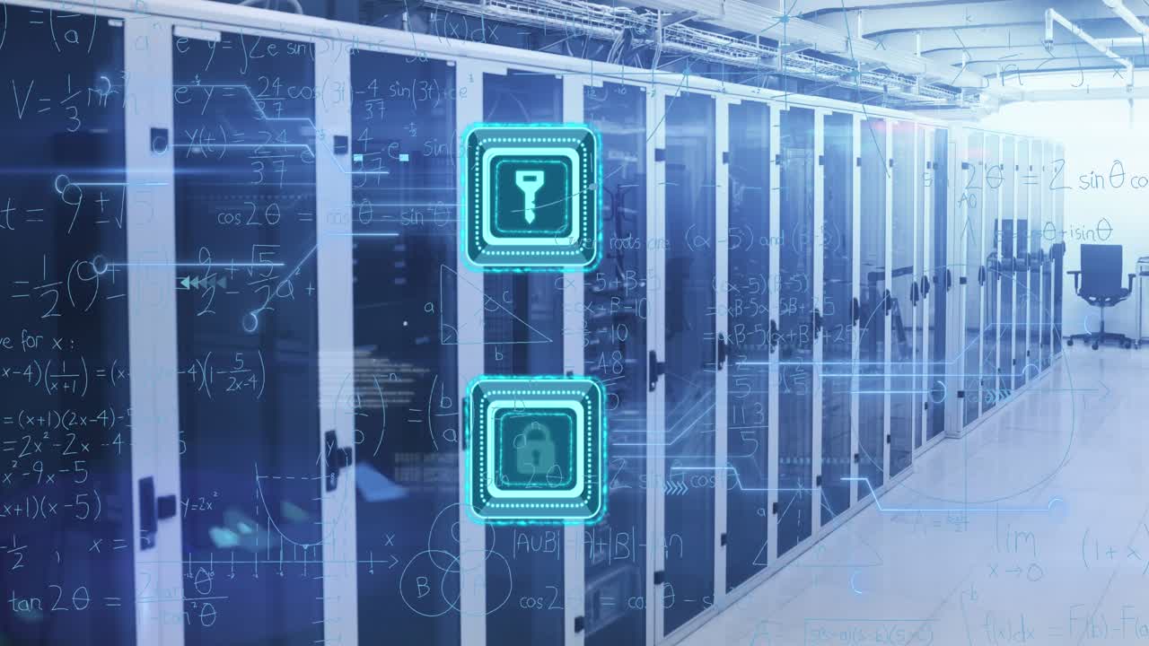 Animation of padlock and key icons, mathematical equations and data processing over computer servers