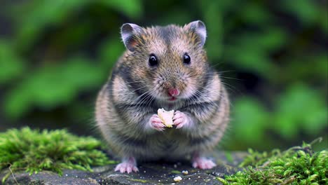 adorable little hamster eating a snack on a mossy green surface.