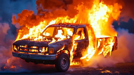 a truck is engulfed by flames on the side of the road