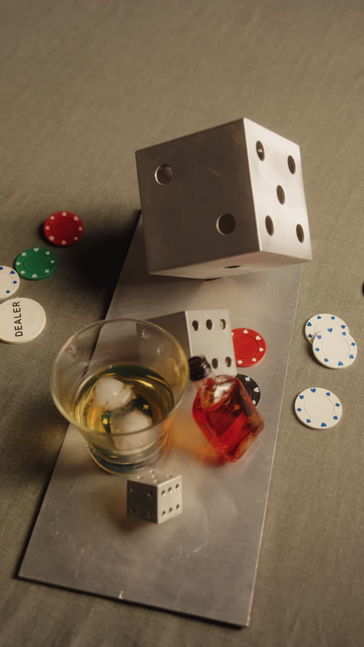 Vertikal: glas whisky med is, grå terningeskulptur, lille flaske og pokerchips der falder på et gråt bord, mediumskud, statisk, cinematisk