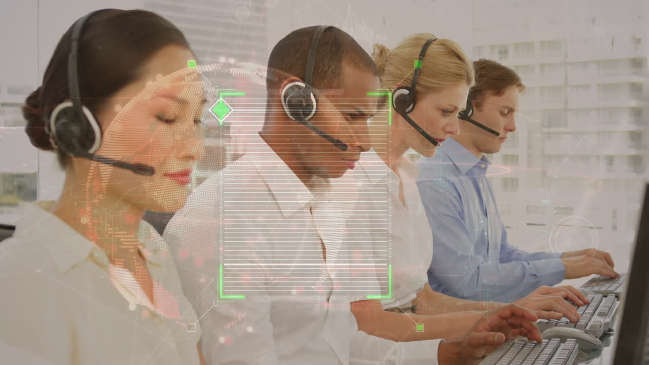 전화 헤드 ⁇ 을 사용하는 다양한 비즈니스 사람들에 대한 데이터 처리 애니메이션