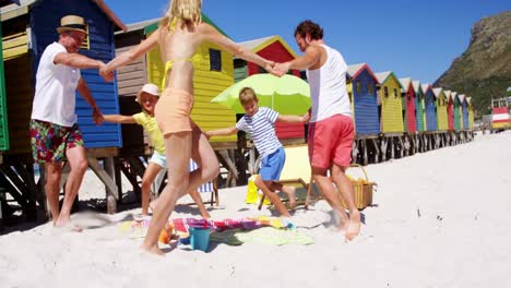 multi-generation family playing ring around the rosie at beach