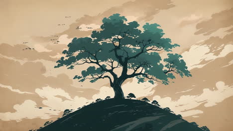 solitary tree on a hill in a minimalist art style