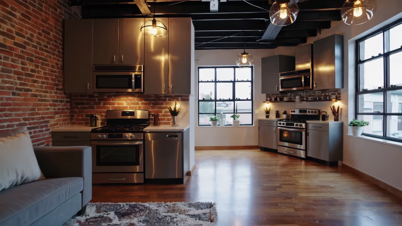 Modern Industrial Apartment Kitchen and Living Room
