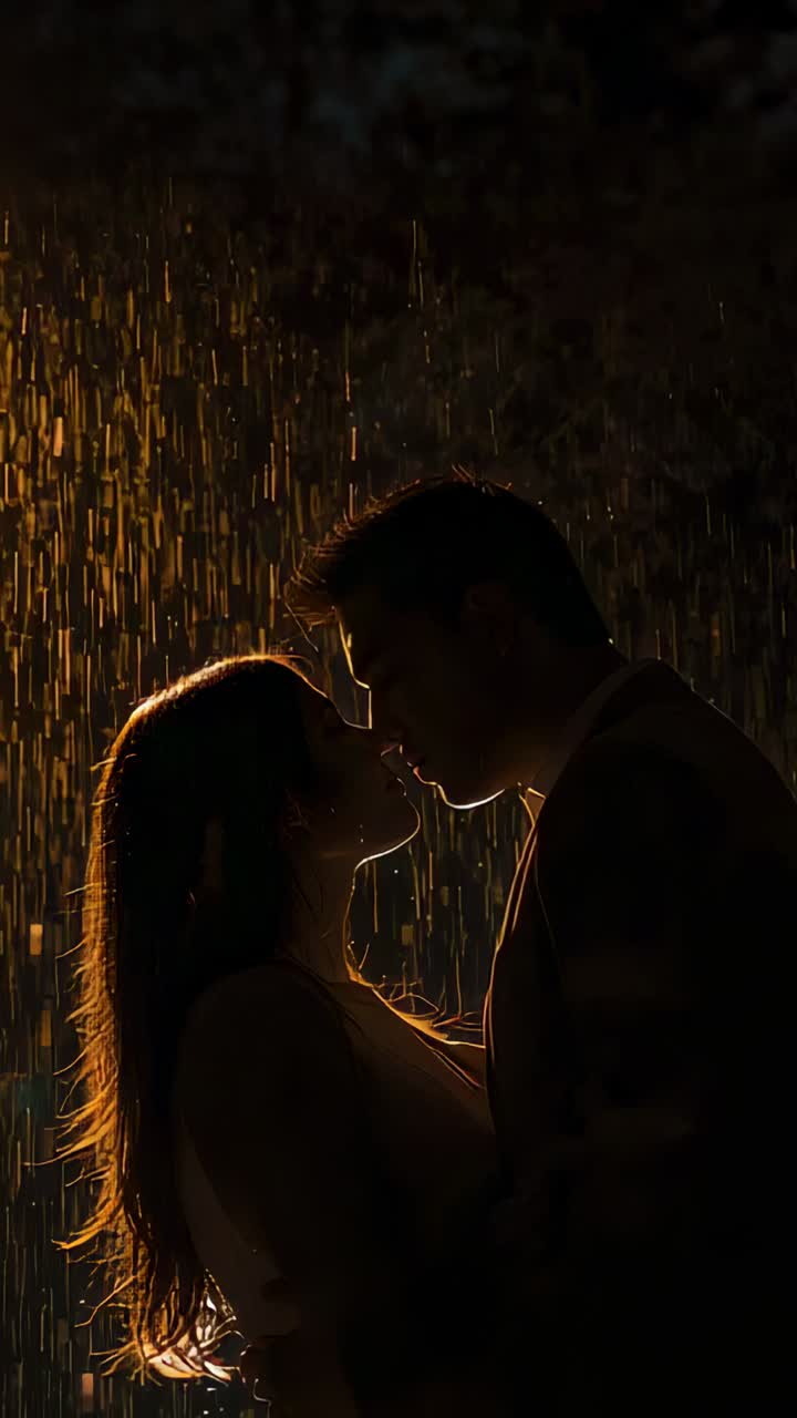 Vertical video: Leaning pair responding to warm rimlight, kissing at night in rain in formal wear
