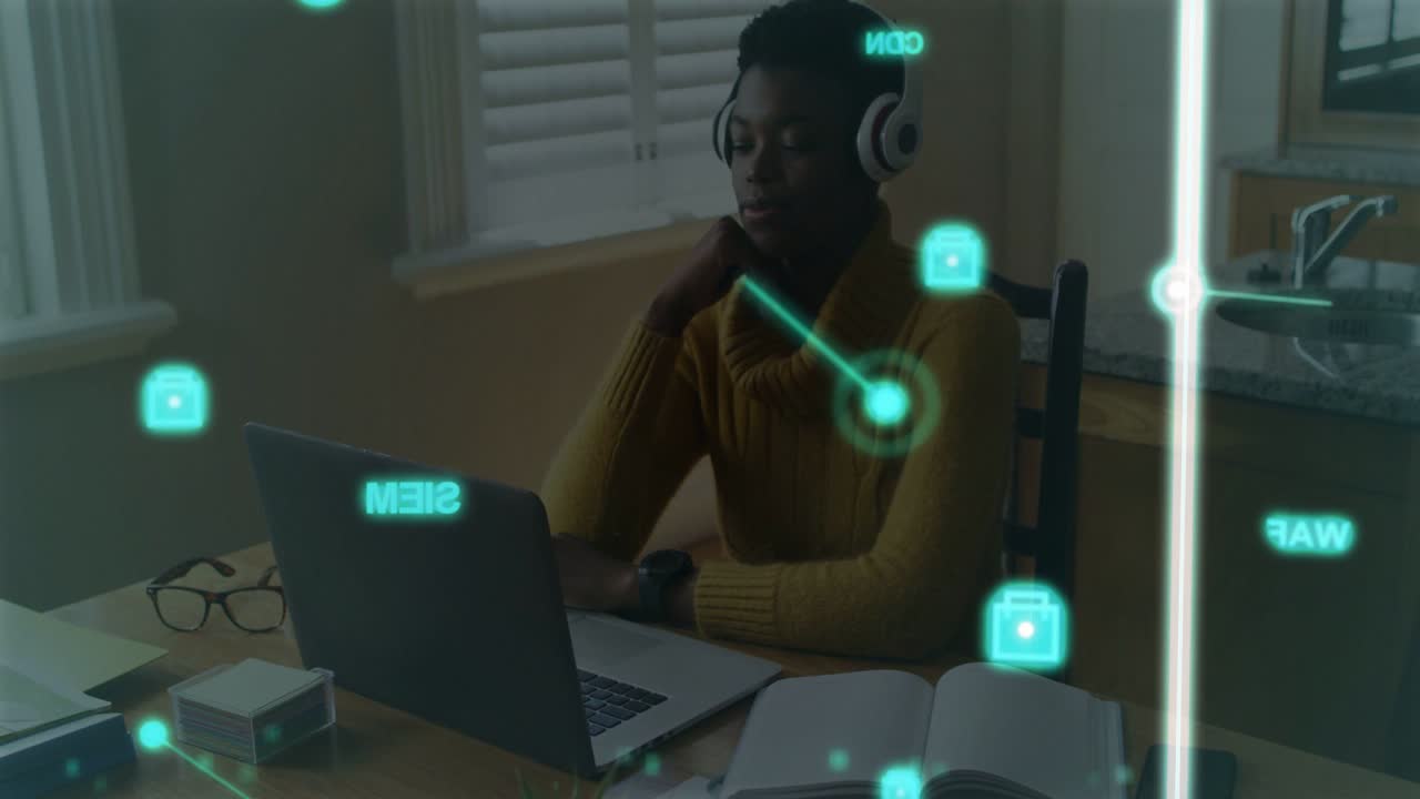 Cyan HUD overlay appearing, woman headphones tapping lip, checking book and typing laptop for study