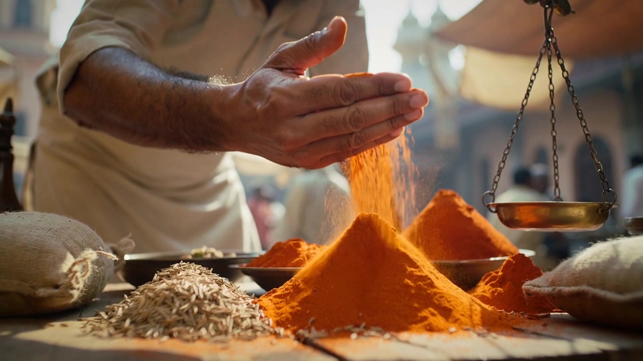 Placing vendor's hand with rolled sleeves shaping orange spice cone on market counter, brass scale