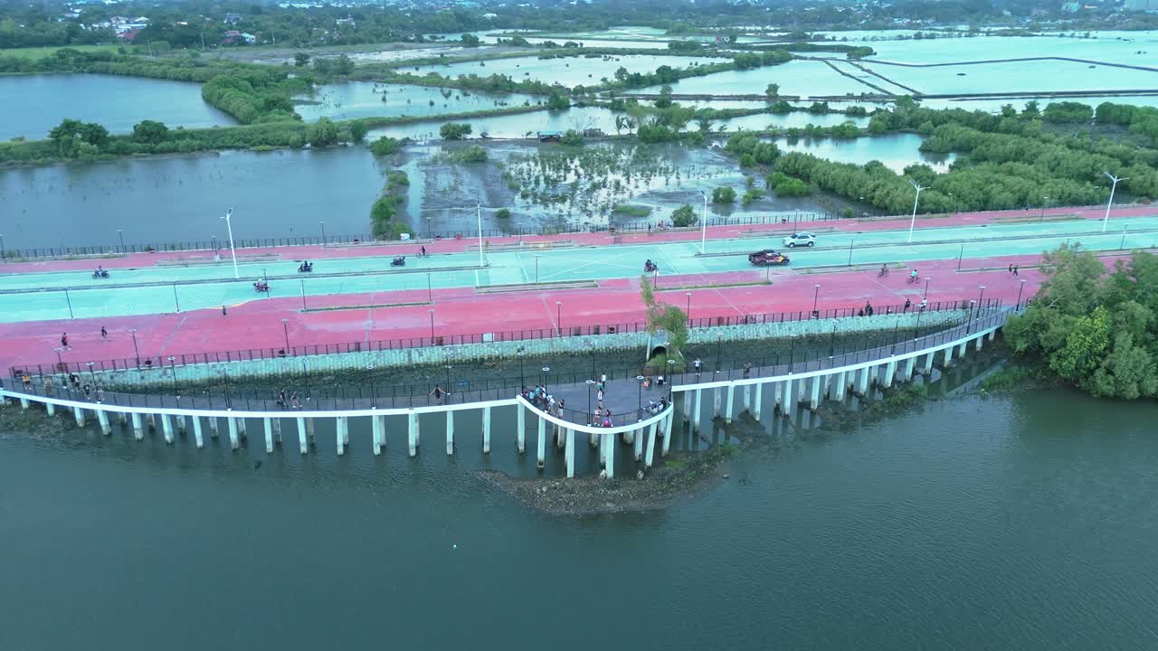 Drone footage of a riverside viewing deck with people, a road, and lush wetlands in the Philippines. Perfect for travel, lifestyle, urban, and environmental projects