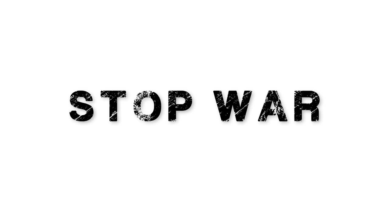Stop alla guerra. Testo con effetto zoom in-out su sfondo bianco