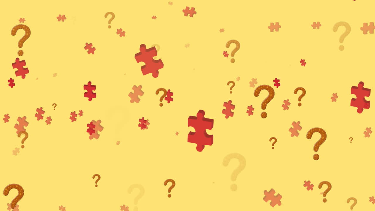 Animation of puzzles and question marks floating over yellow background