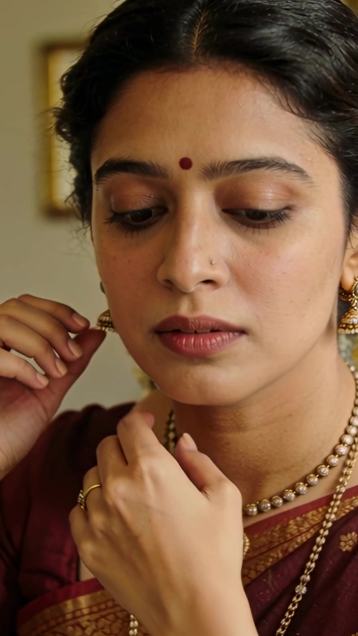 Vertikal video: Indisk kvinna i sari som lutar sig, fixar jhumka, centrerar pärlhalsband hemma för puja.