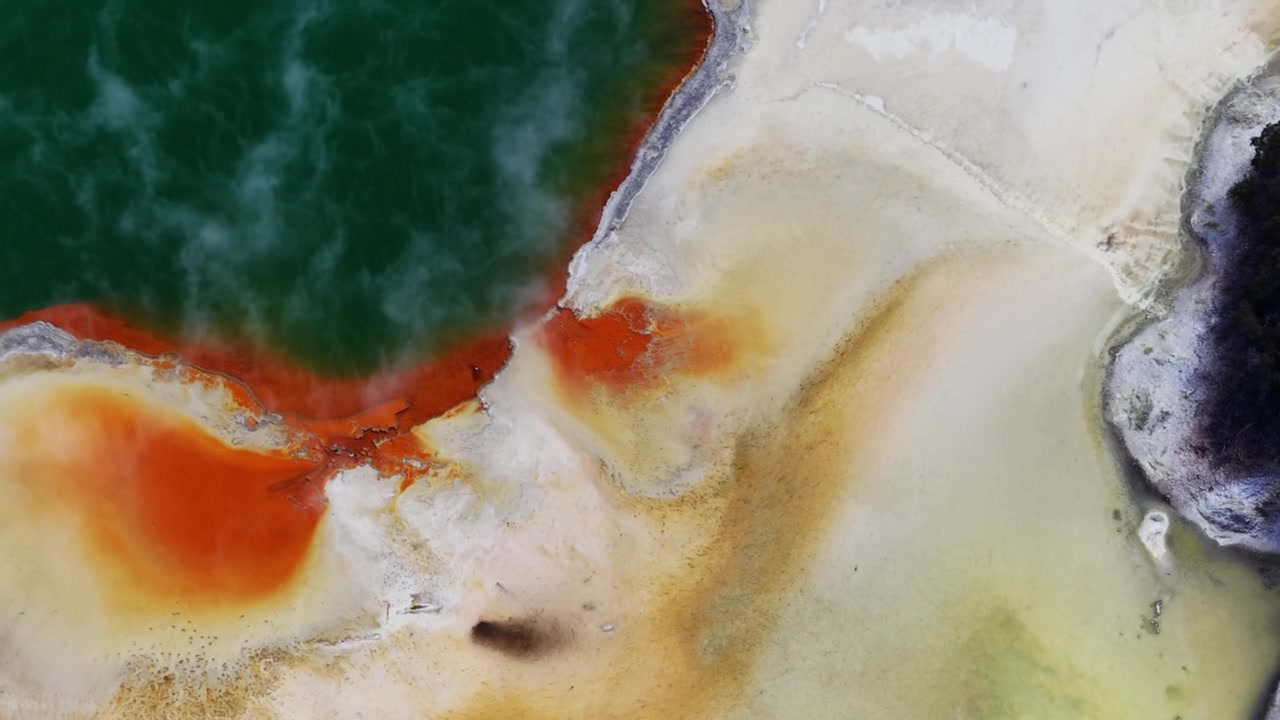 Superficie geotermica di Rotorua in Nuova Zelanda, depositi minerali gialli, bianchi e verdi, texture naturali e schemi termici per la geologia.