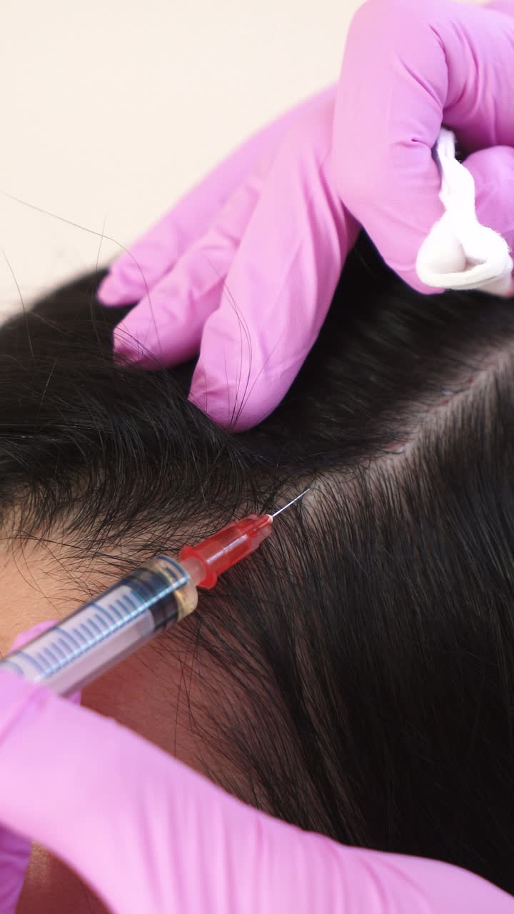 Needle mesotherapy. Cosmetologist makes injections into the scalp. Thrust to strengthen hair and their growth Vertical video