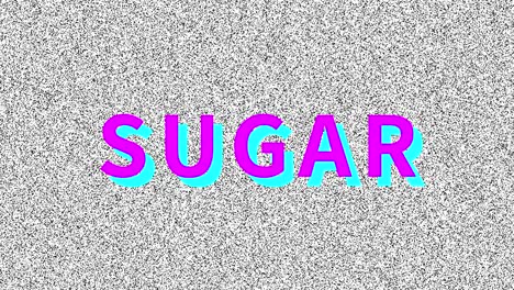 azúcar. palabra sobre el problema de la comida en la vieja pantalla ruidosa. interferencia de vhs en bucle. fondo animado vintage. video 4k