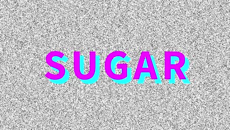 sugar. word about food problem on noisy old screen. looping vhs interference. vintage animated background. 4k video