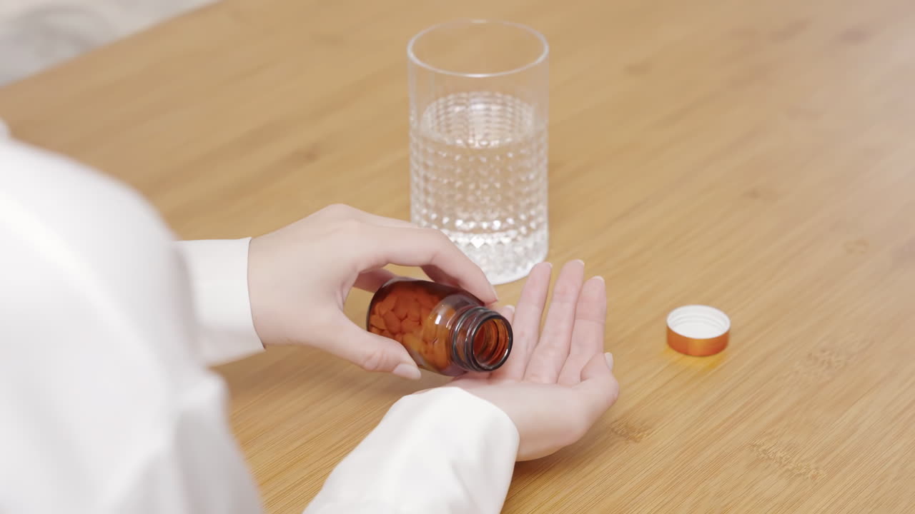 Una giovane donna versa pillole bianche da un flacone di farmaci su prescrizione nella sua mano aperta per l'uso del farmaco, rappresentando la medicazione, l'assistenza sanitaria, il trattamento e la routine medica quotidiana.