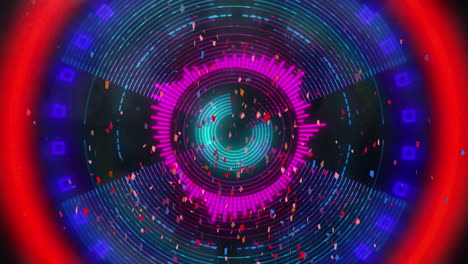 animación de confeti colorido cayendo sobre el túnel redondo de neón en un patrón sin costuras con espacio de copia