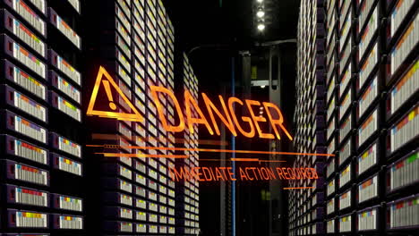 animation of danger text and symbol over server room