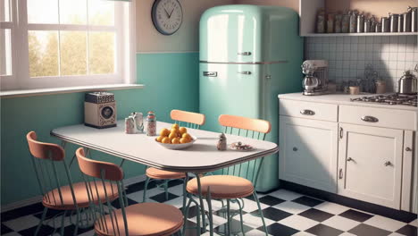 retro kitchen interior with mint refrigerator and checkered floor